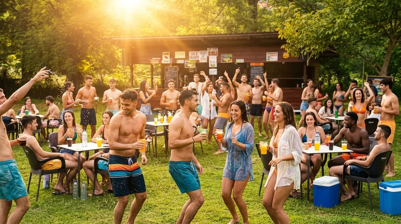 Grupo de amigos em despedida a remar no Sella numa canoa — o plano que se adapta a grandes grupos