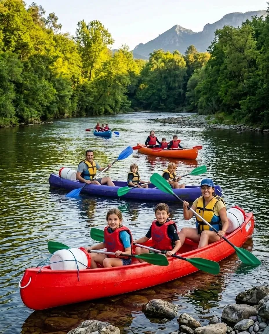Niños y adulto navegando con calma por el río Sella
