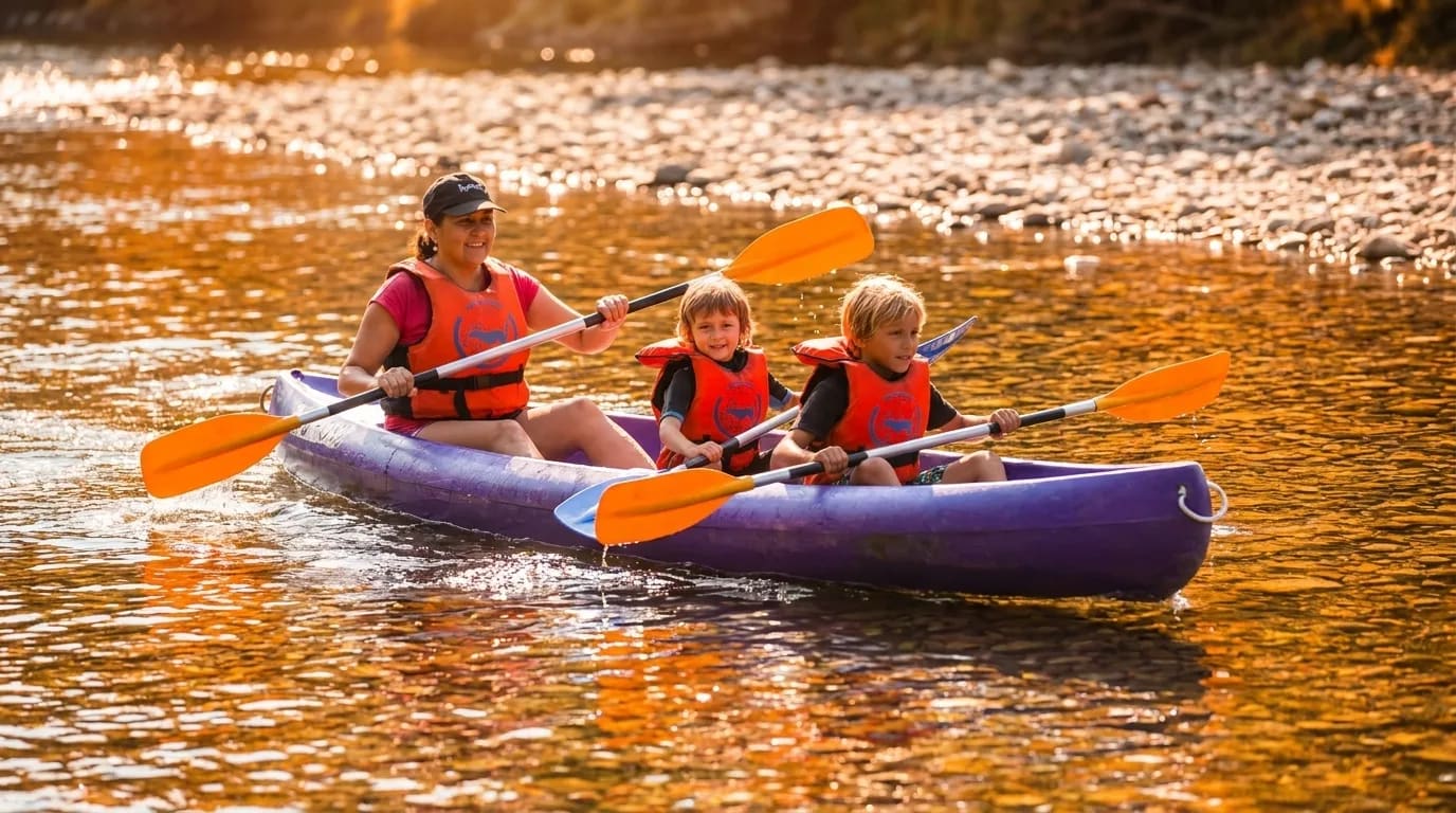 Niños disfrutando del descenso del Sella en canoa