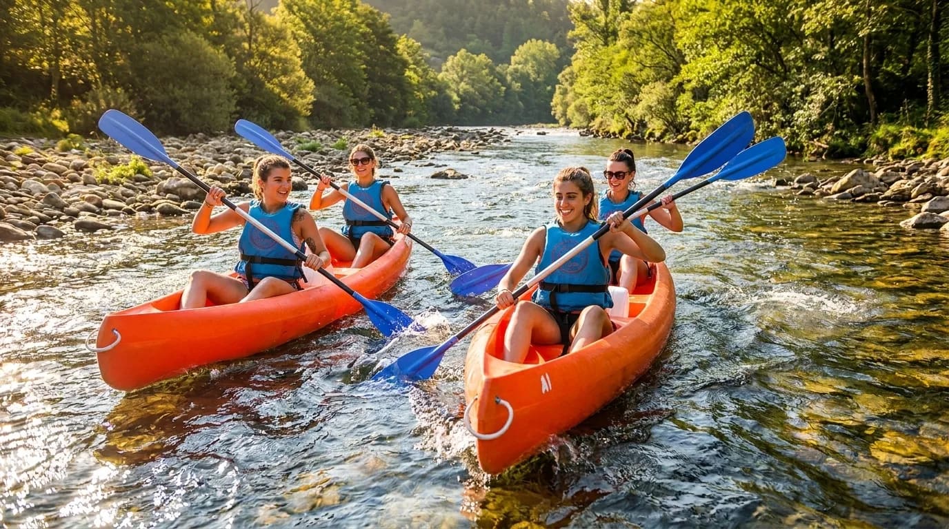 Families and adults paddling on the Sella · Premium Booking all inclusive