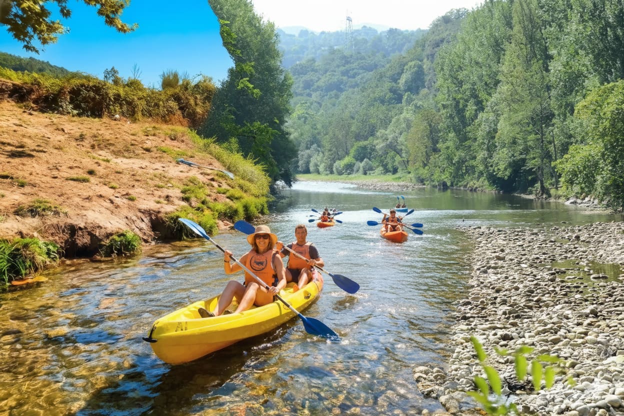Pareja remando junta en una canoa por el Sella, escapada romántica de aventura en Asturias