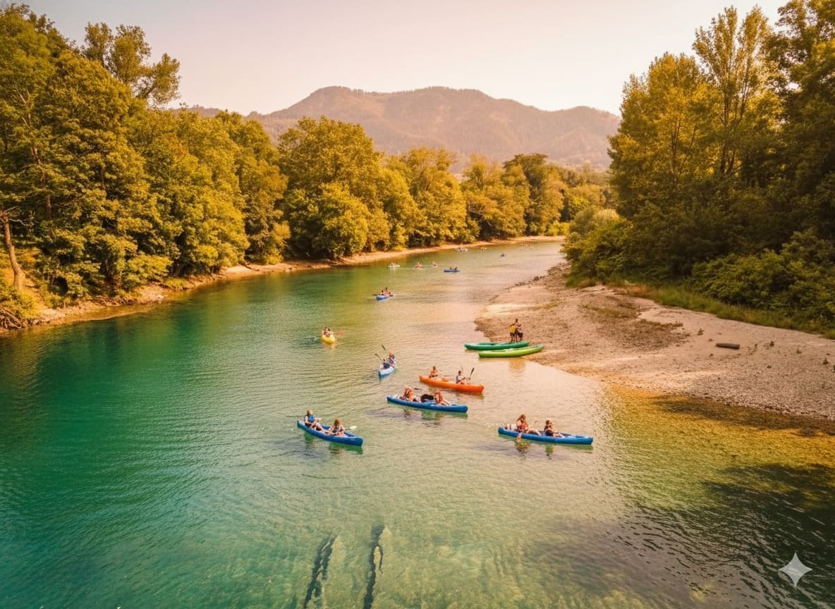 Aerial view of canoes at the start of the Sella descent in Arriondas — official kilometre zero next to the bridge